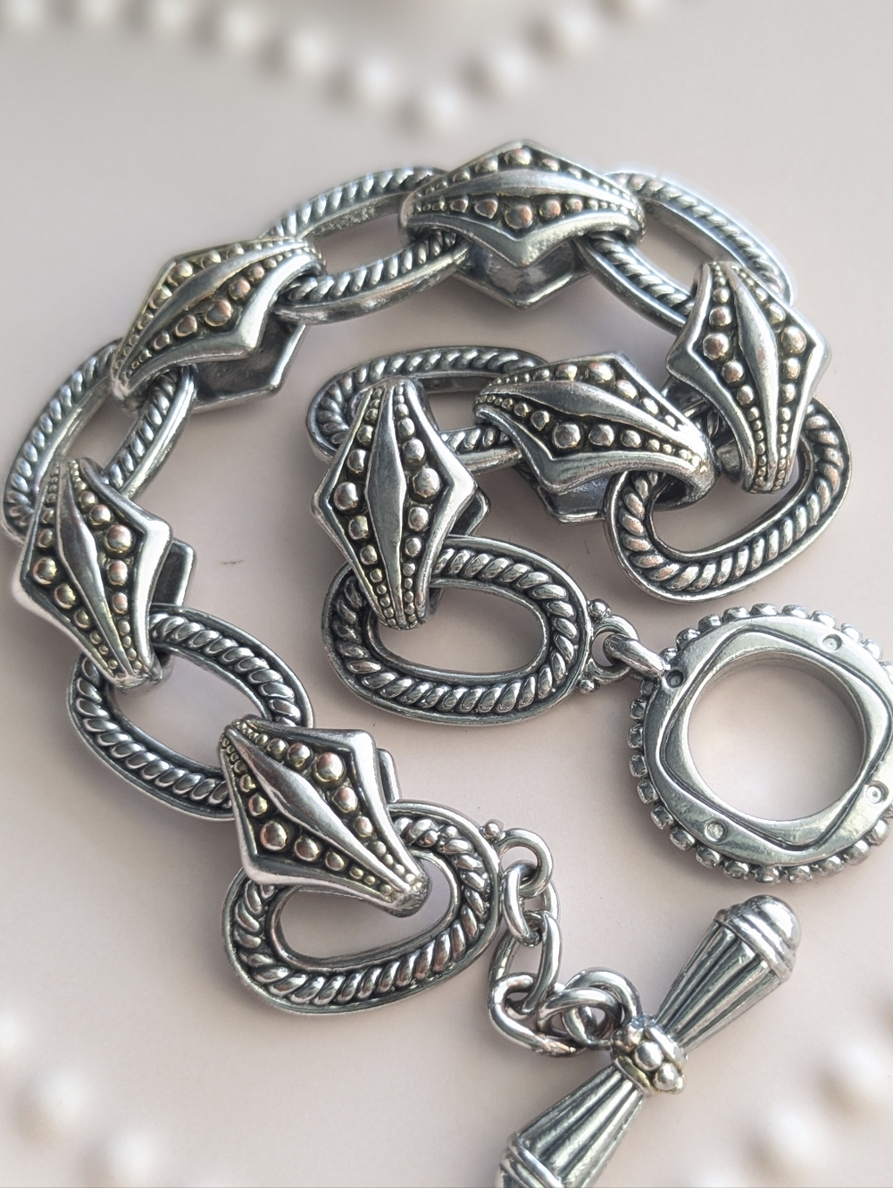 Vintage Silver Tone Toggle Bracelet Rope Link & Beaded Detail Chunky